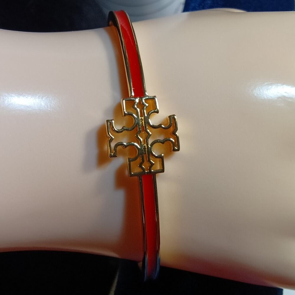Tory Burch Gold Double T Open Cuff Bracelet Red Cord Adjustable NWT